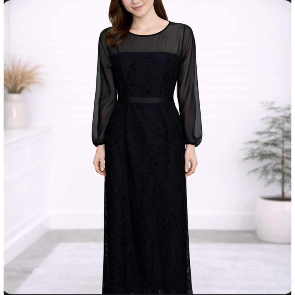 NWT Kay Unger Gown Dress Size 4 Black Sheer Long Sleeve Lace Overlay Ribbon Belt